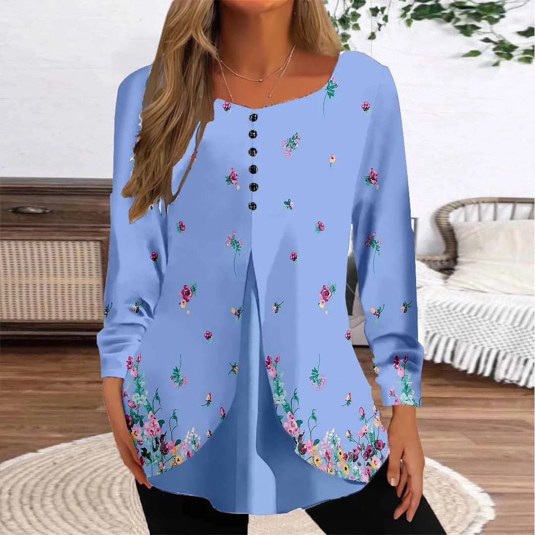 Women Floral,Blue DZGG8314 Long Sleeve Scoop Neck Printed Graphic Button Fake 2in1 Tops