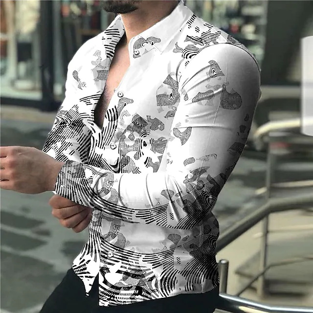 men's shirt 3d print fingerprint turndown street casual button-down print long sleeve tops designer casual fashion breathable
