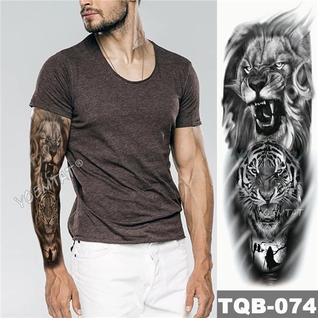 Gingf Arm Sleeve Tattoo Sketch Lion Tiger Waterproof Temporary Tattoo Sticker Wild Fierce Animal Men Full Bird Totem Tattoo