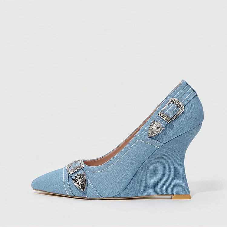 Blue Pointed Toe Denim Shoes Women's Elegant Wedge Heel Buckle Pumps |FSJ Shoes