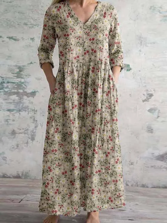 Women's 3/4 Sleeve V-neck Floral Printed Midi Dress