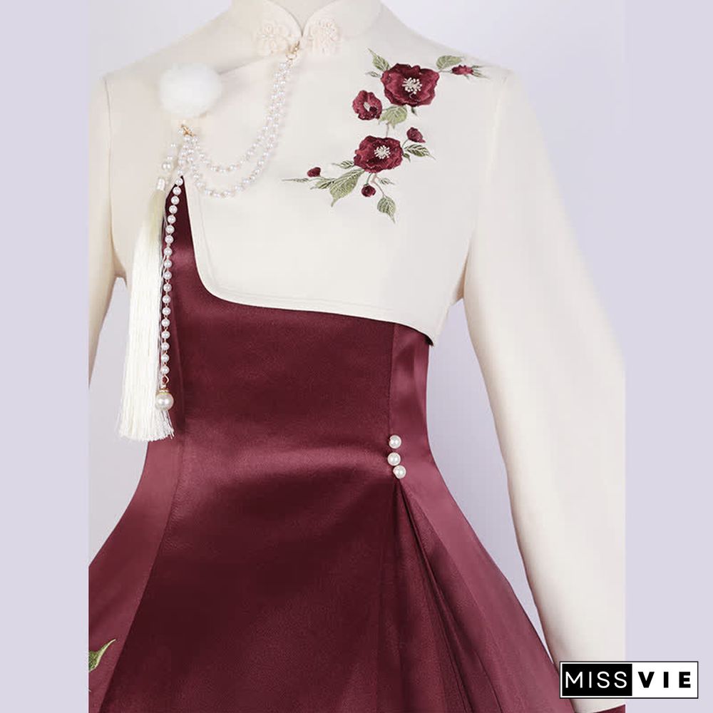 Vintage Blossom Embroidery Pearl Chain Top Slip Dress