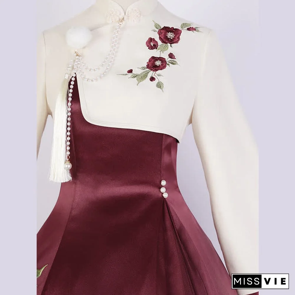 Vintage Blossom Embroidery Pearl Chain Top Slip Dress