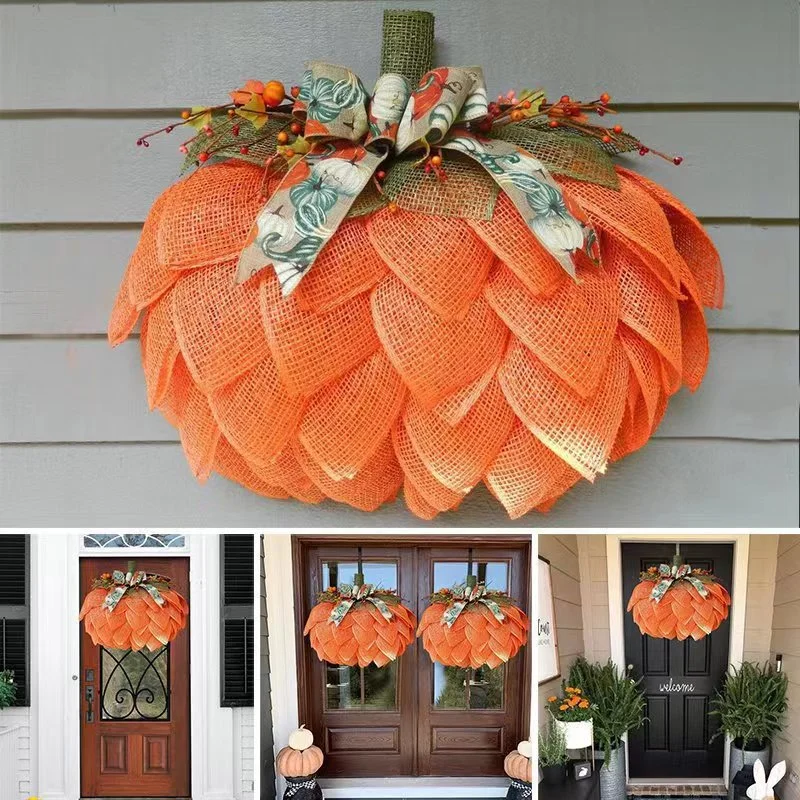 Pumpkin Poly Burlap Wreath for Front Door, Burlap Wreath, Farmhouse Wreath, Fall Wreath, Home Decor, Halloween Wreath, Gift for Her  40CM X35 CM