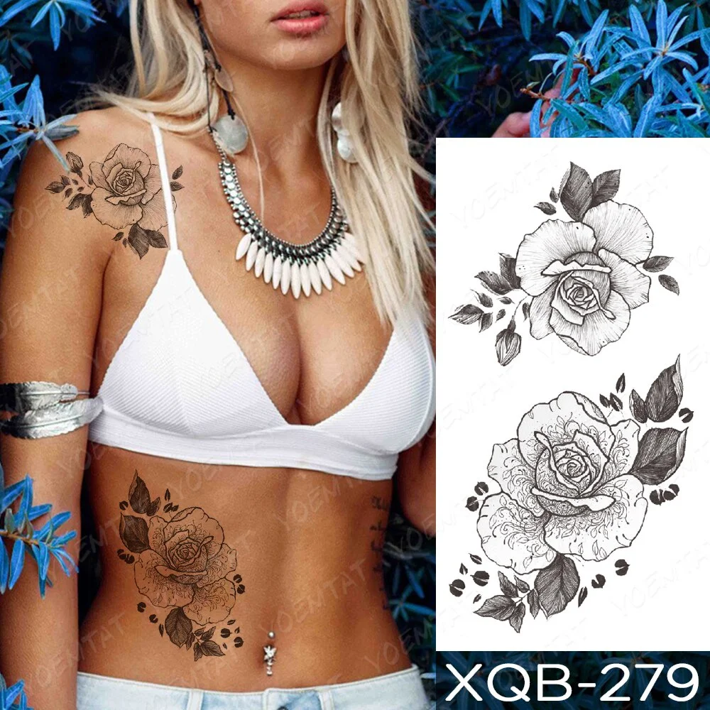 Sexy Black Mandala Flower Temporary Tattoos For Women Girls Henna Tatoos Paper Fake Jewelry String Snake Flower Tattoo For Party