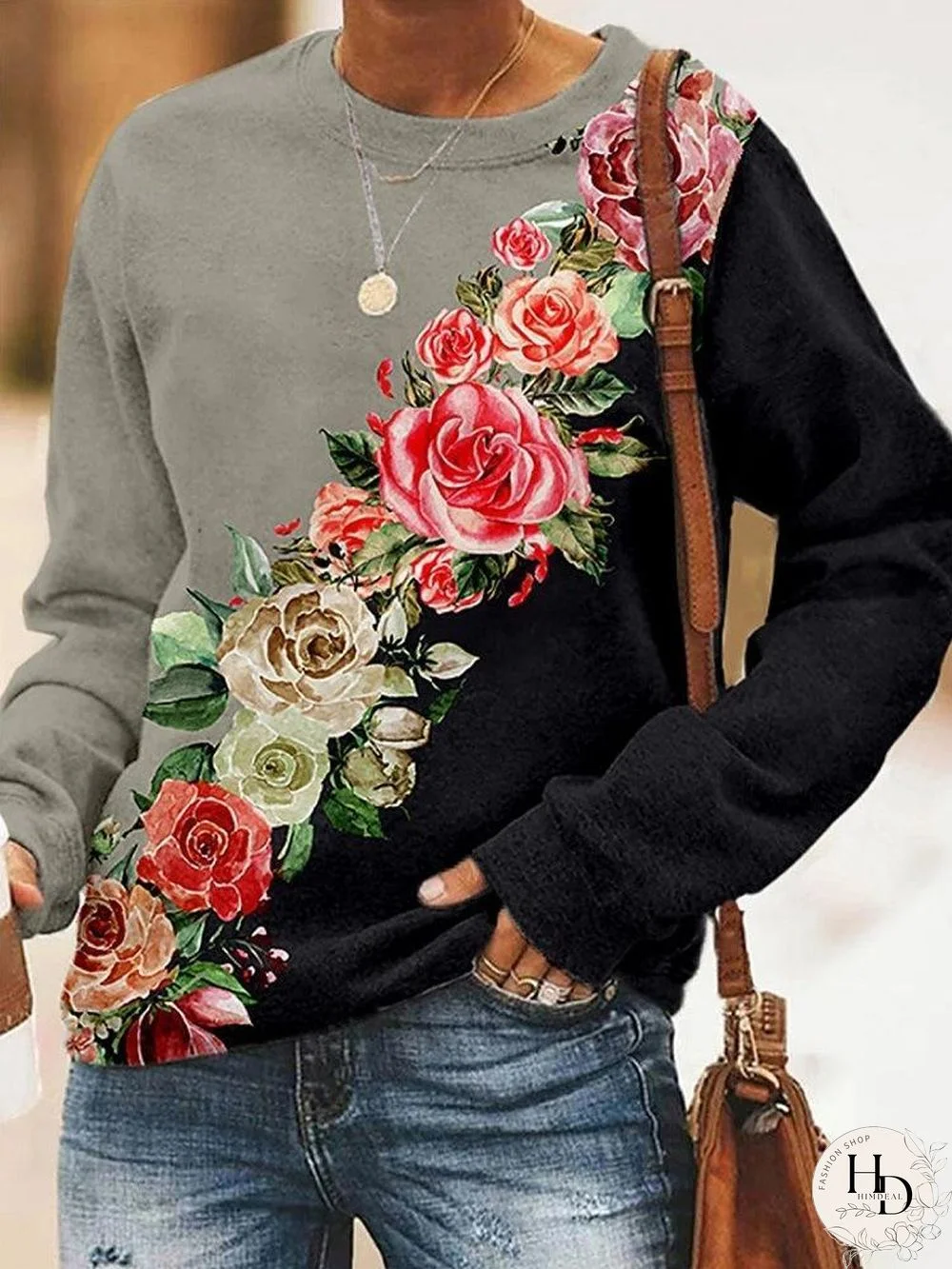 Gray And Black Floral Printed Top