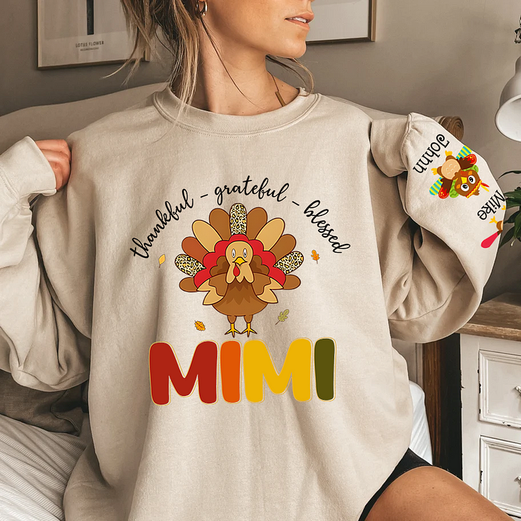 Personalized Thankful Grateful Blessed Grandma Turkey Sweatshirt, Custom Grandma Turkey with Grandkids Names Sweatshirt, Grandma Fall Autumn