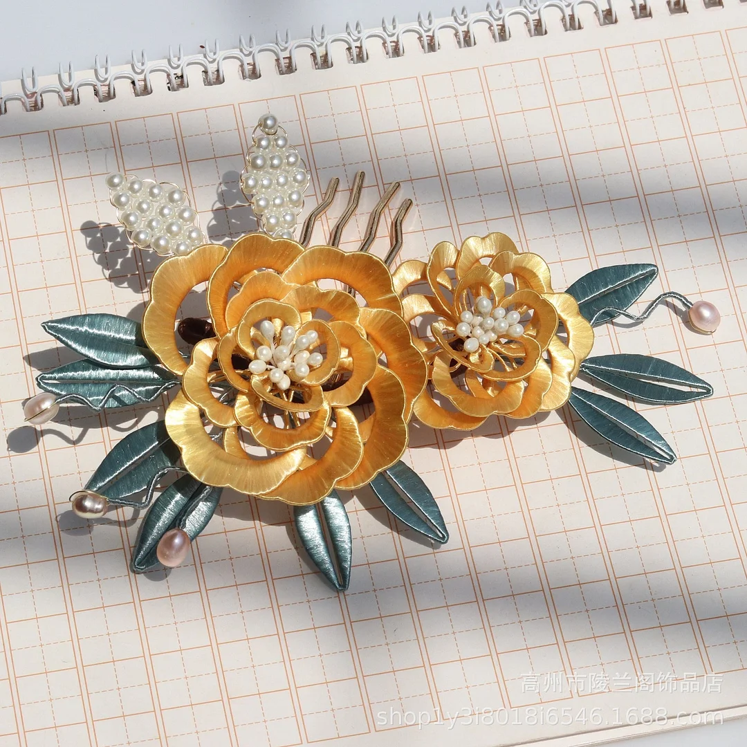 Silk Wrapped Flowers Pearl Hairpin Hanfu Headdress