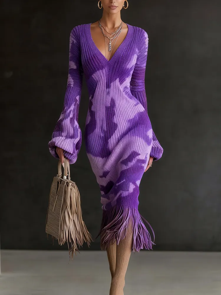 Printed Textured Knitted Tassel Hem Long Sleeve Midi Dress