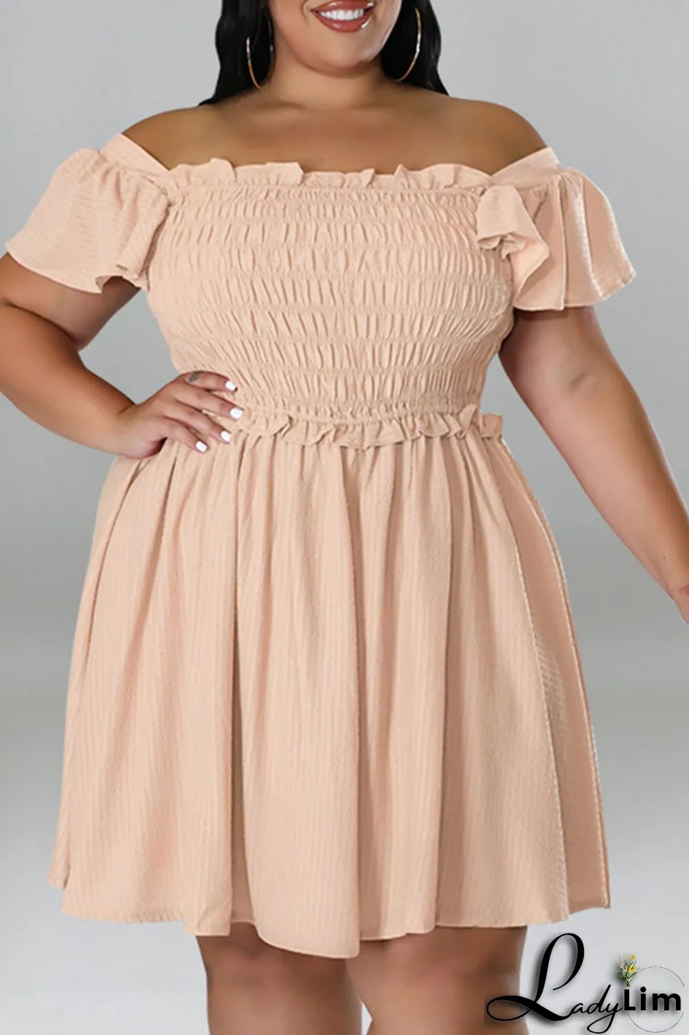 Pink Casual Sweet Solid Patchwork Fold Off the Shoulder A Line Plus Size Dresses