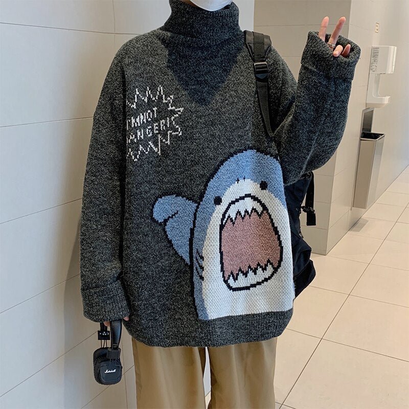 Women Turtlenecks Cartoon Shark Printed Sweater 2021 Winter Harajuku Knitwear Korean Style High Neck Oversized Pullover Sweater