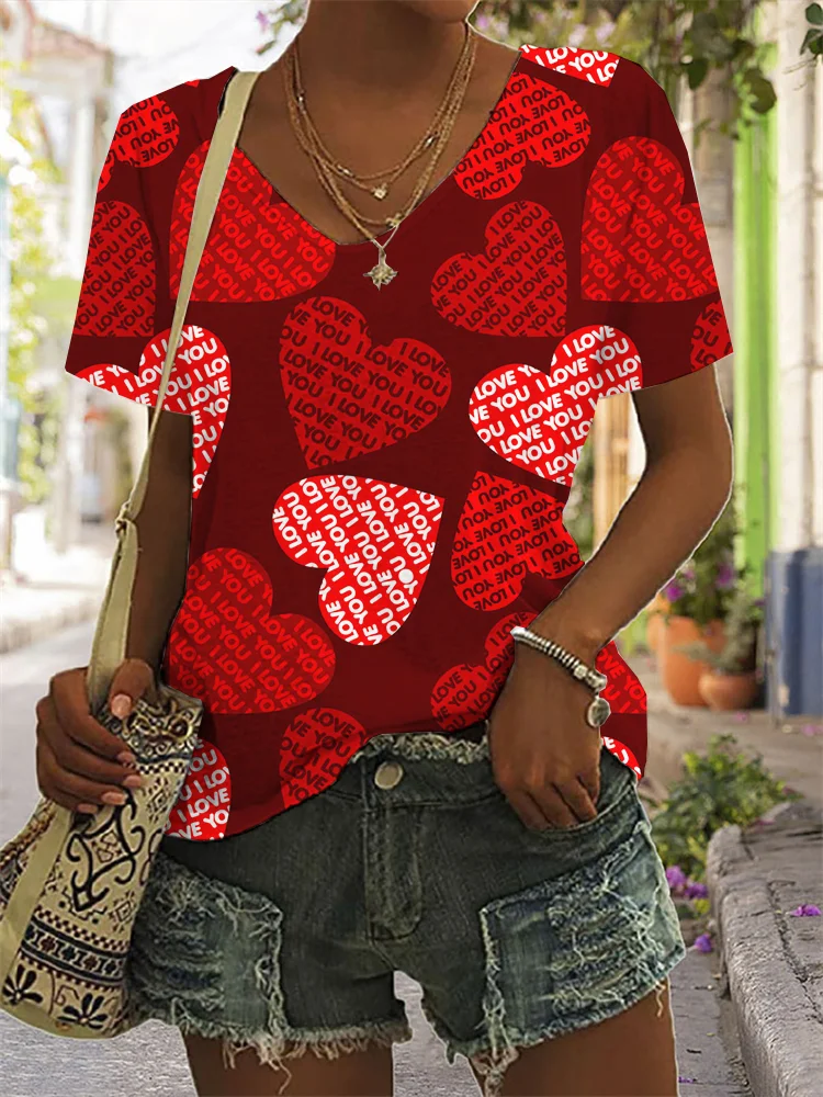 I Love You Letters Print V Neck Short Sleeve T Shirt