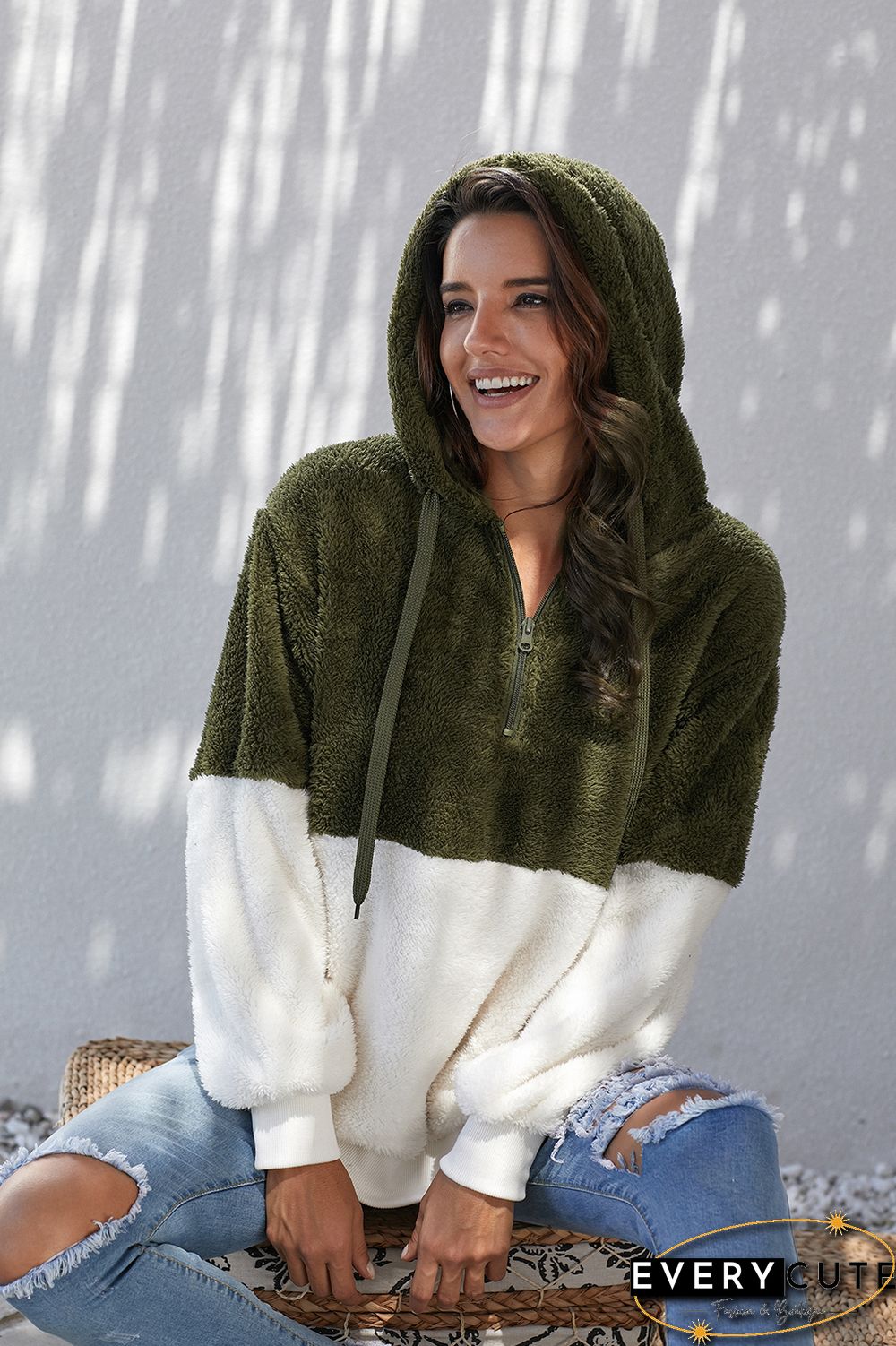 Green White Colorblock Furry Hoodie