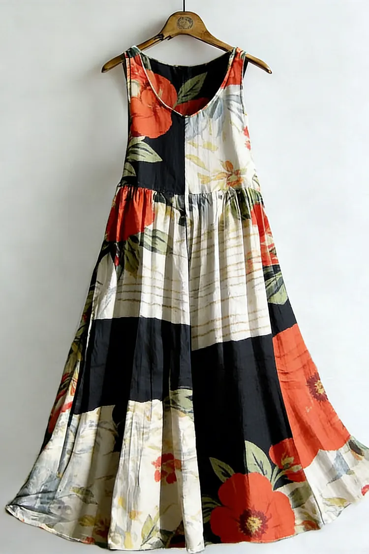 Women's Vintage Floral Colorblock Sleeveless Cotton Dress
