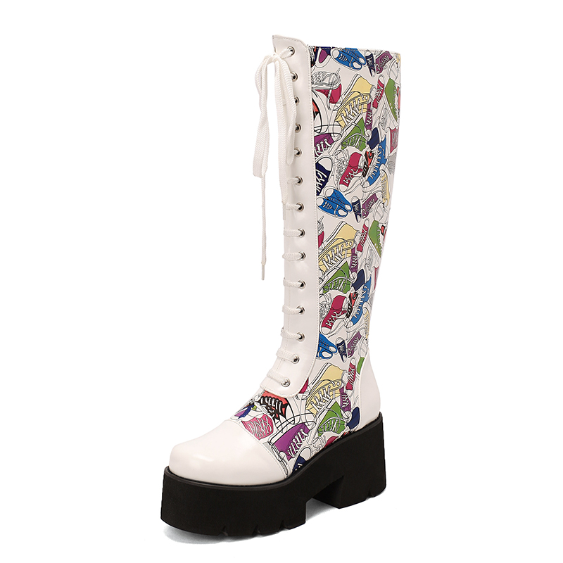 GOOSHOE Thick Sole Thick Heel Cross Tie Side Zipper Printed Shoes With Plush Lining Punk Style Knee High Boots