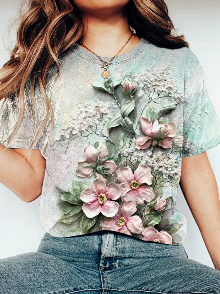 Spring Floral Embossed Art Print Washed Cotton T-Shirt-mysite