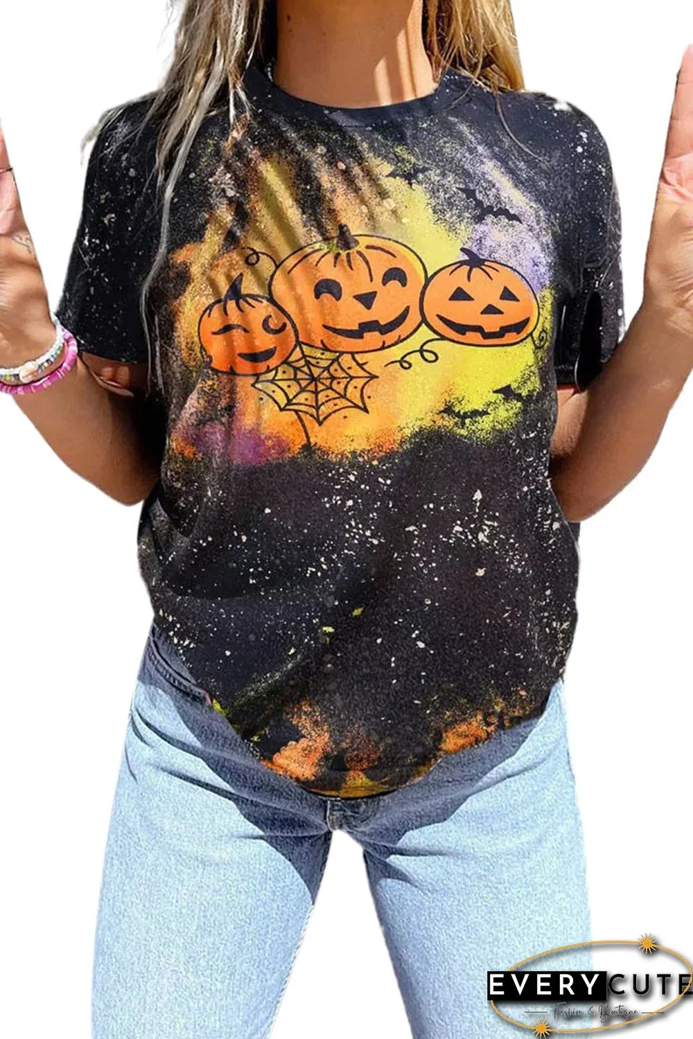 Black Halloween Pumpkin Face Bat Bleached T-Shirt