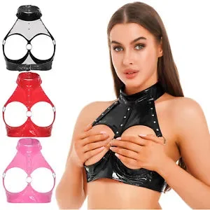 pornhint Pornhint Womens Hollow Cupless Bra Lingerie Patent Leather Underwear Wet Look Crop Tops