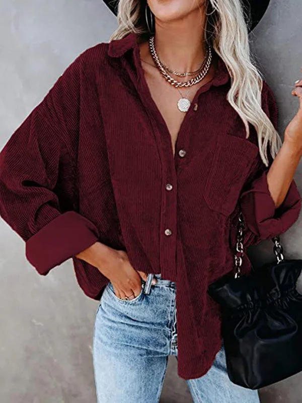 Vintage Split-Joint Solid Color Corduroy Blouse