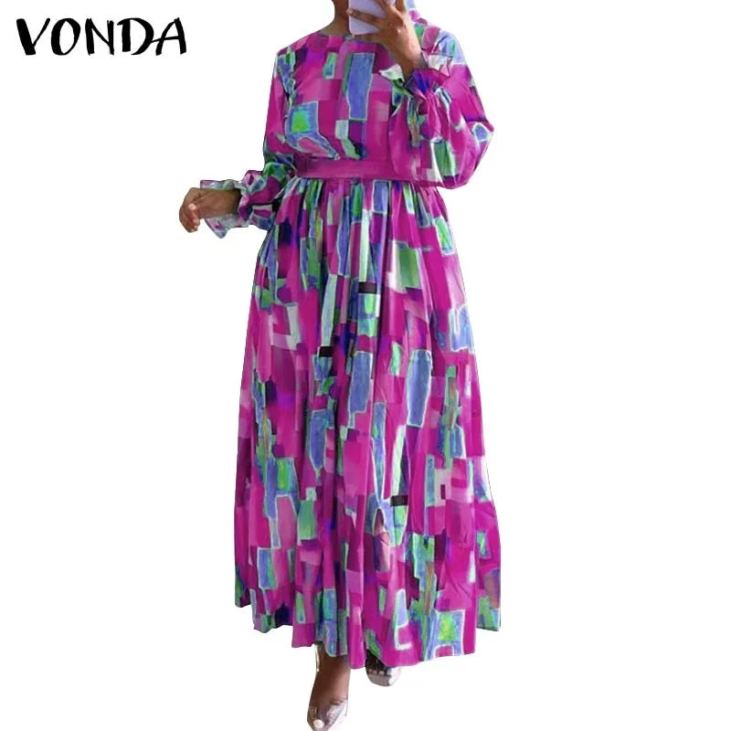 Women Dress VONDA Casual O Neck Printed Long Maxi Dresses Vintage Pleated Long Flare Sleeve Robe With Belt Baggy Vestidos
