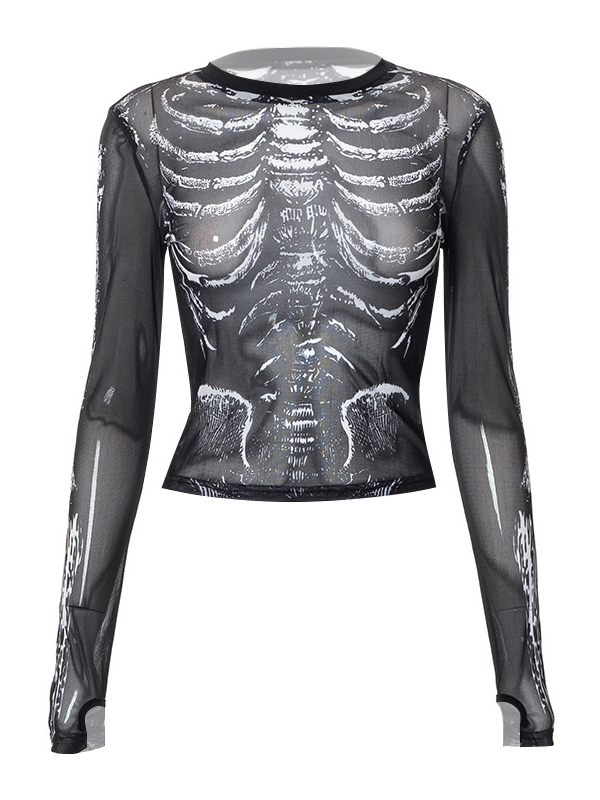 Skull Printed See Through Base Layer Blouse