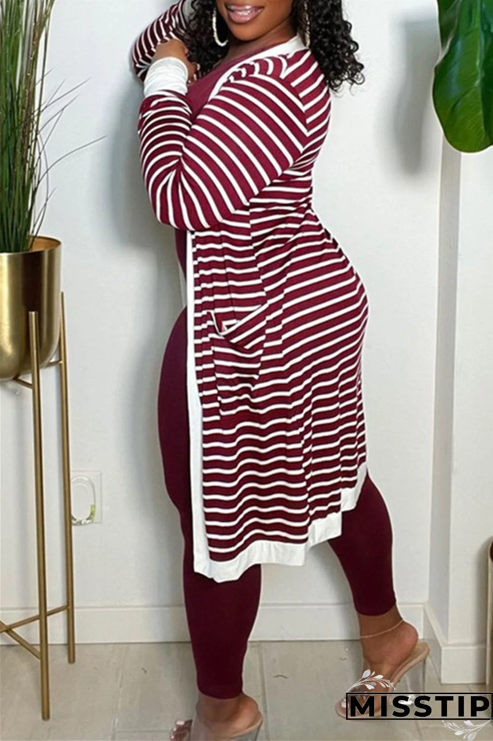 Burgundy Fashion Casual Striped Print Cardigan Outerwear