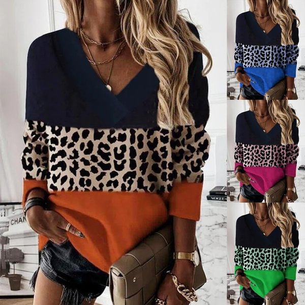 Women's Fashion Loose Casual Long Sleeve Leopard Print Floral Print V Neck Spring and Autumn Tops Blouses Pullover Plus Size - Shop Trendy Women's Clothing | LoverChic