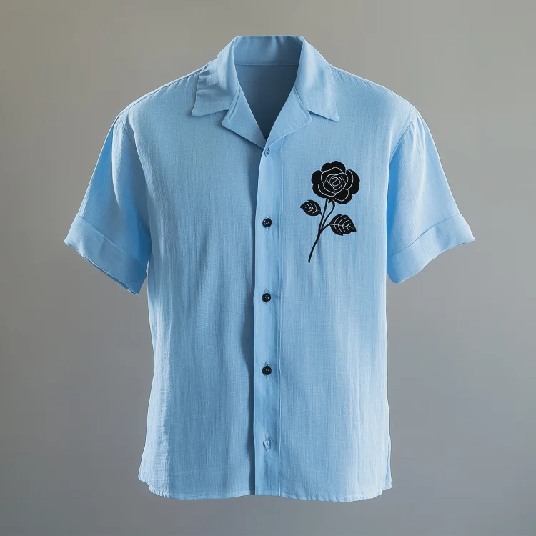 Okaywear Camp Collar Button Short Sleeve Floral Embroidery Shirt Okaywear