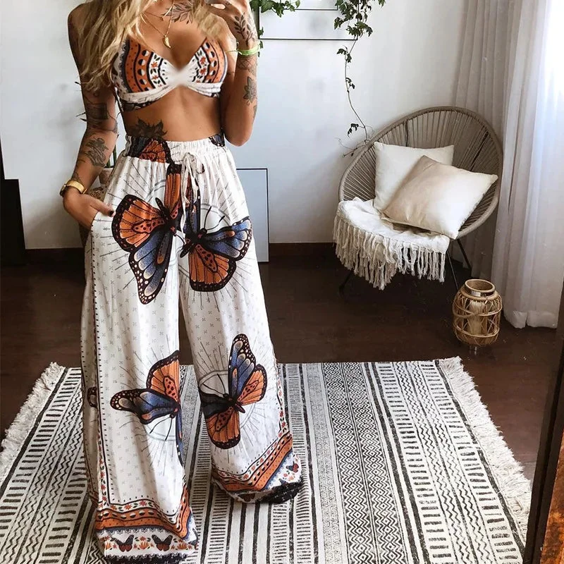 Oocharger Print Pants Sets High Street Summer Women Two Pieces Outfits Strap Bra Bustier+High Waist Wide Leg Pants Chic Lady Set