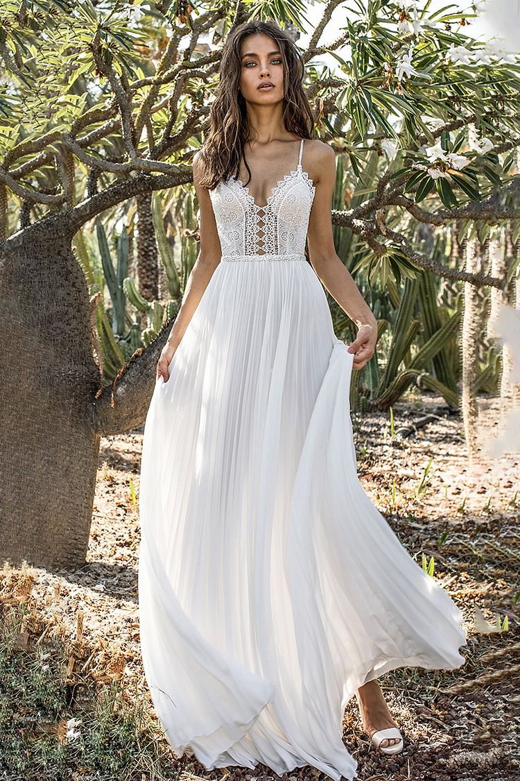 V Back Lace Pleated Slip Gown Maxi Dresses