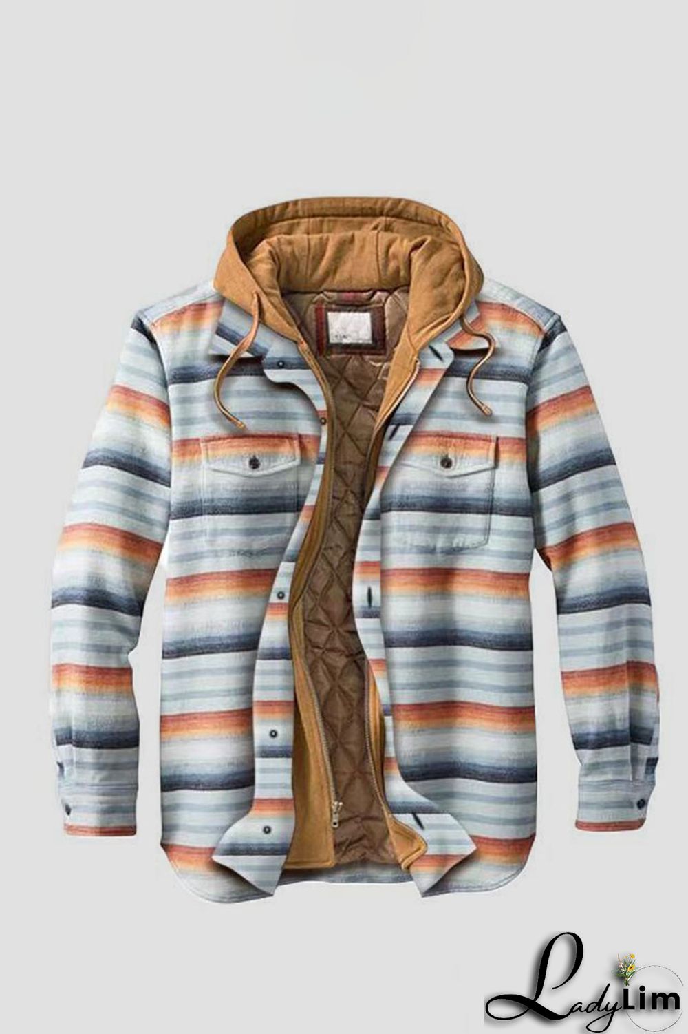 Brown Casual Plaid Draw String Zipper Hooded Collar Outerwear