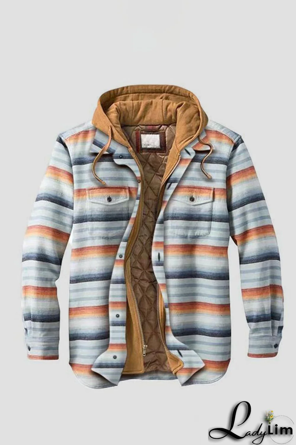 Brown Casual Plaid Draw String Zipper Hooded Collar Outerwear