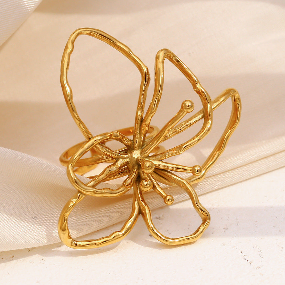 Fashionable And Simple Personality Hand Jewelry Stainless Steel Plated 18K Gold Line Flower Open Ring For Women