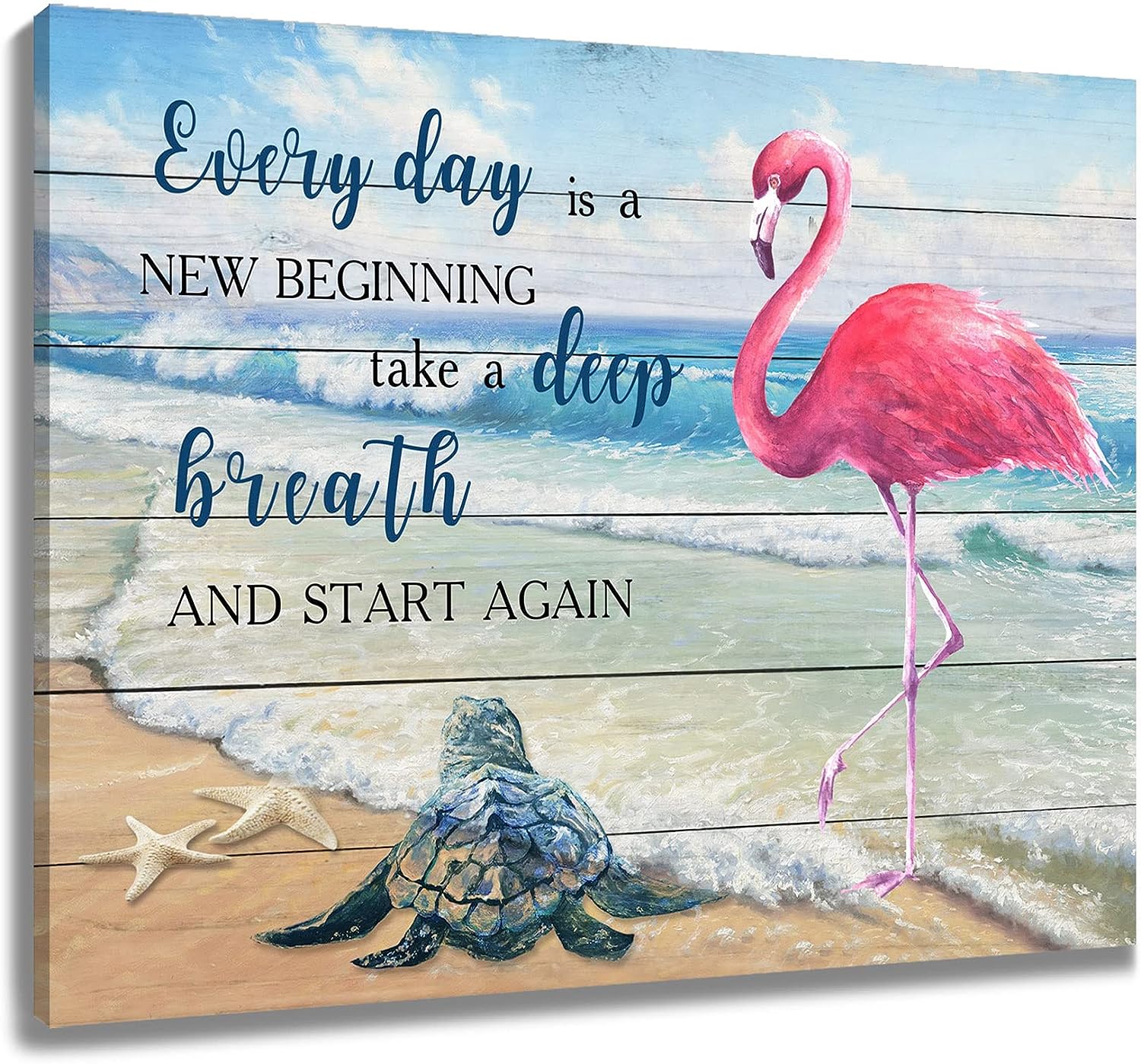 LB Tropical Ocean Wall Art Pink Flamingo Sea Turtle Coastal Beach Framed Canvas Wall Art for Living Room Inspirational Farmhouse Wood Prints Pictures for Bathroom Bedroom Dorm Wall Decor,20x16 inches 20&#034;x16&#034;