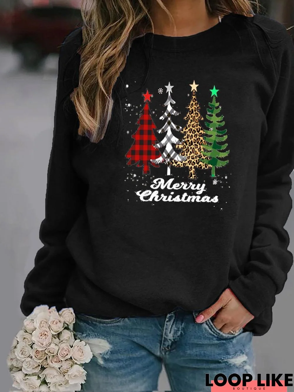 Plus Size Crew Neck Vintage Christmas Long Sleeve Cotton-Blend shirt & Top