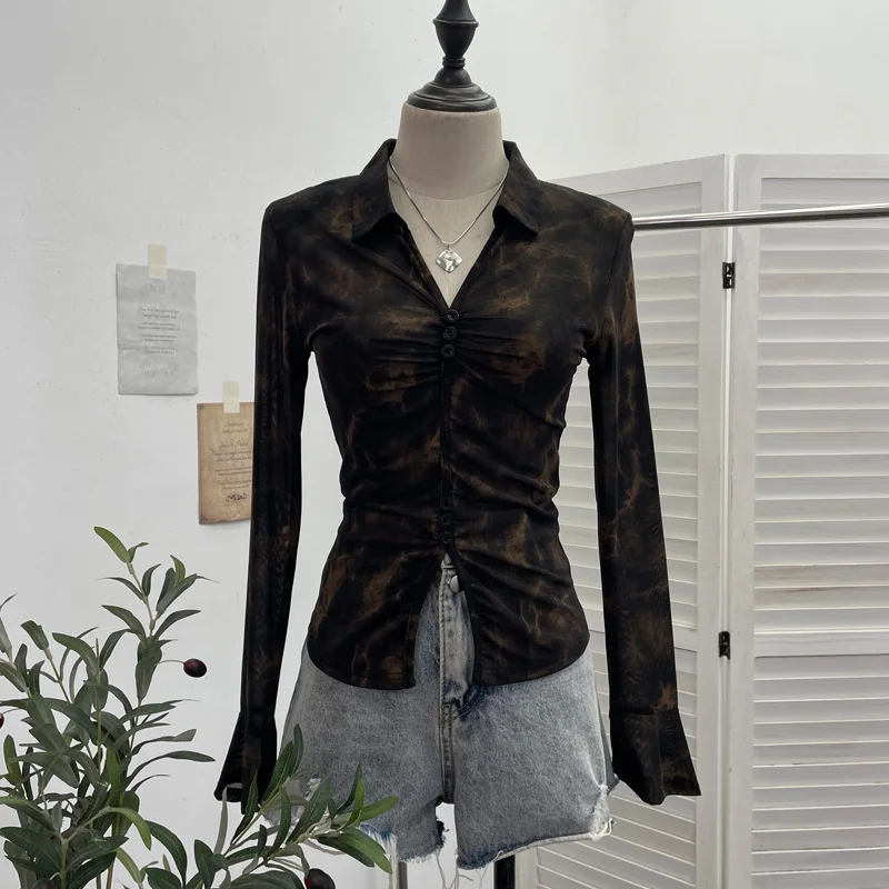 Uveng Real Shooting 2025 Spring And Summer New Tie Dye Mesh Elastic Temperament Clasp Tsets Single-Dear Horn Sleeve Shirt 8042