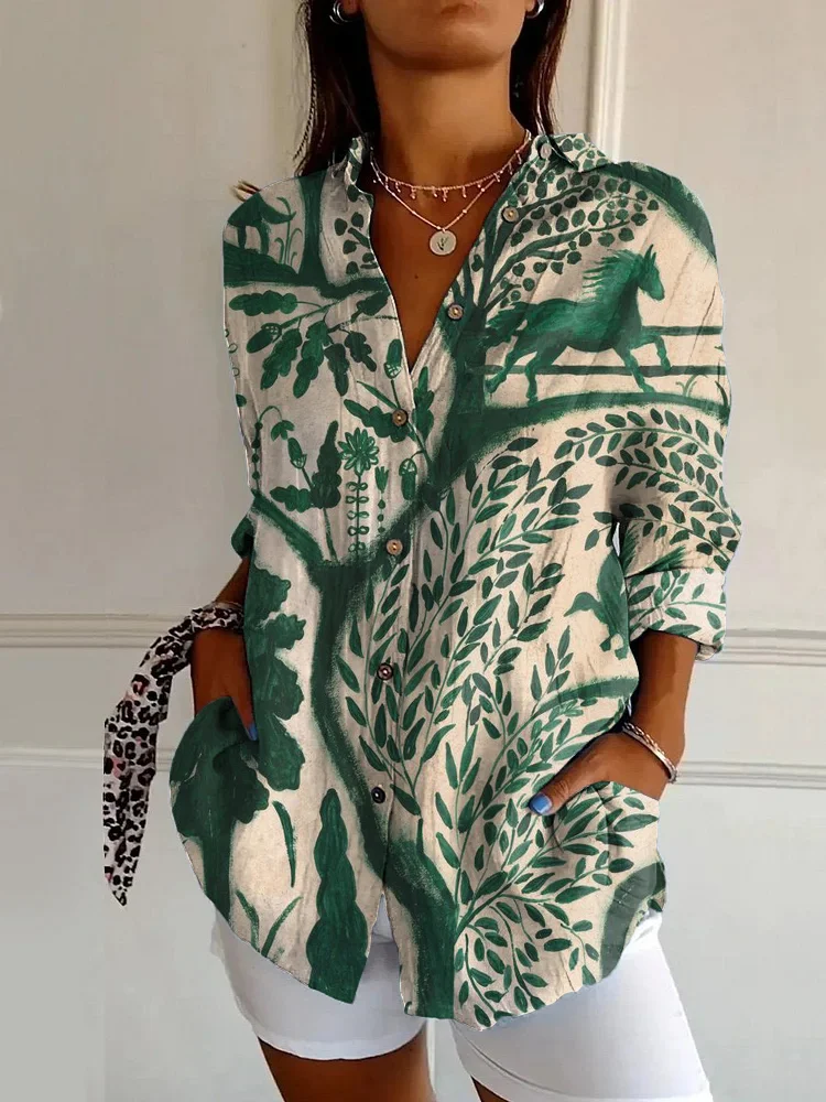 Vintage Art Print Casual Long Sleeve Shirt