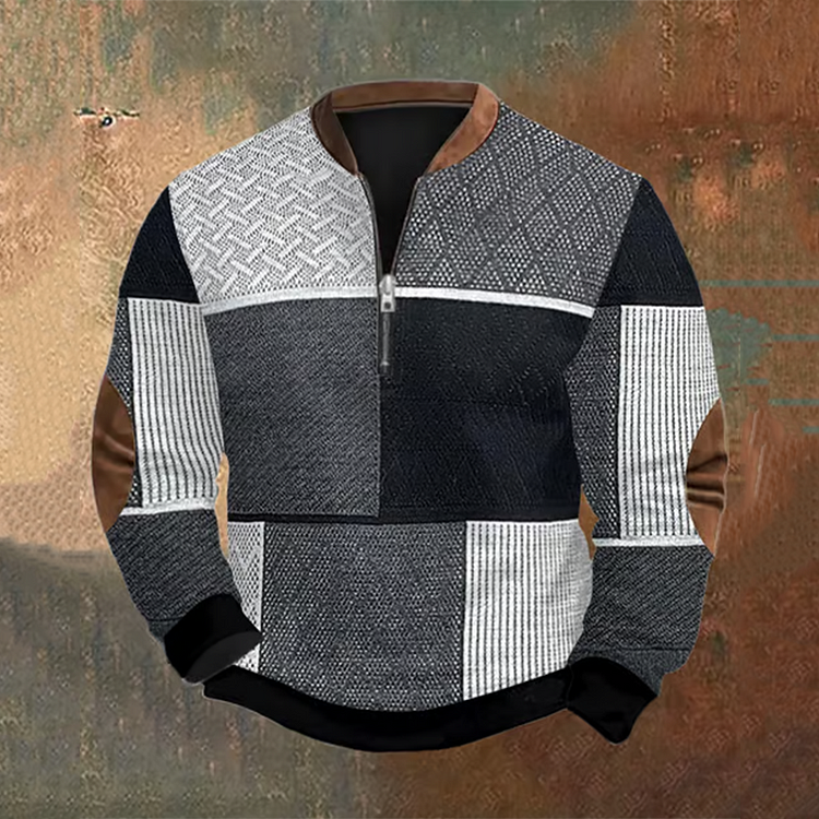 Men's Retro Western Textured Print Zip Collar Sweatshirt