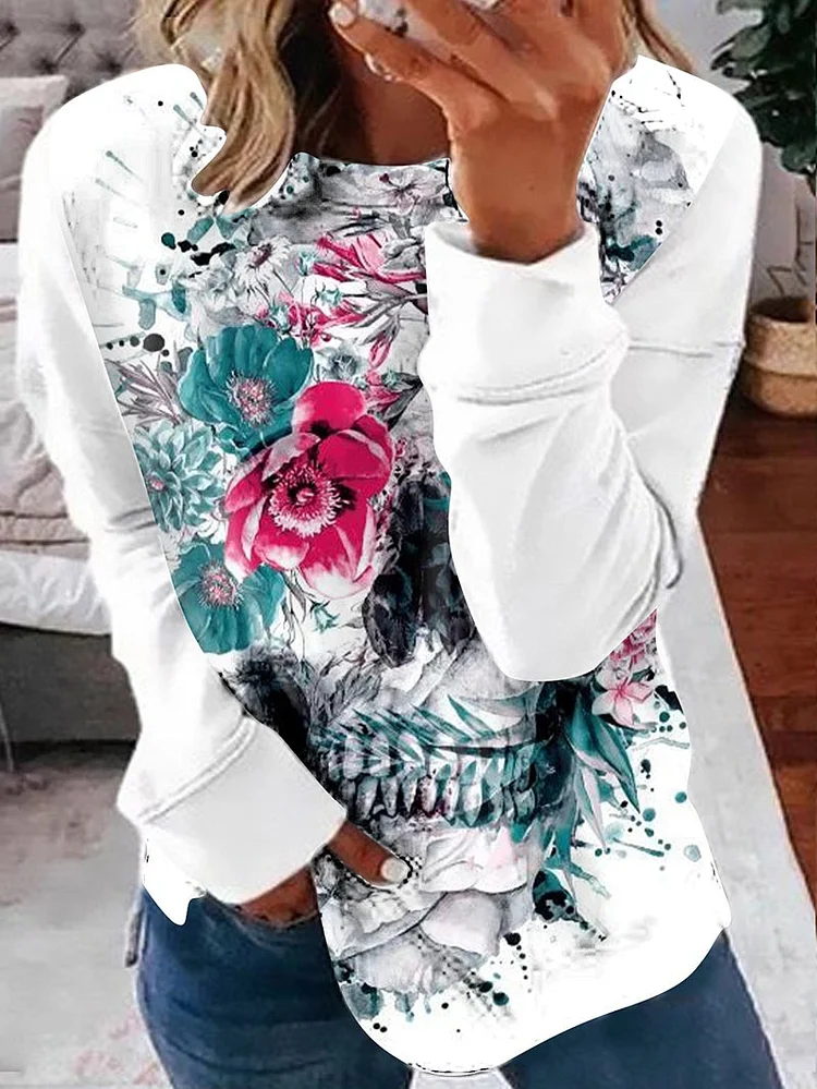 Casual Halloween skull print T-shirt