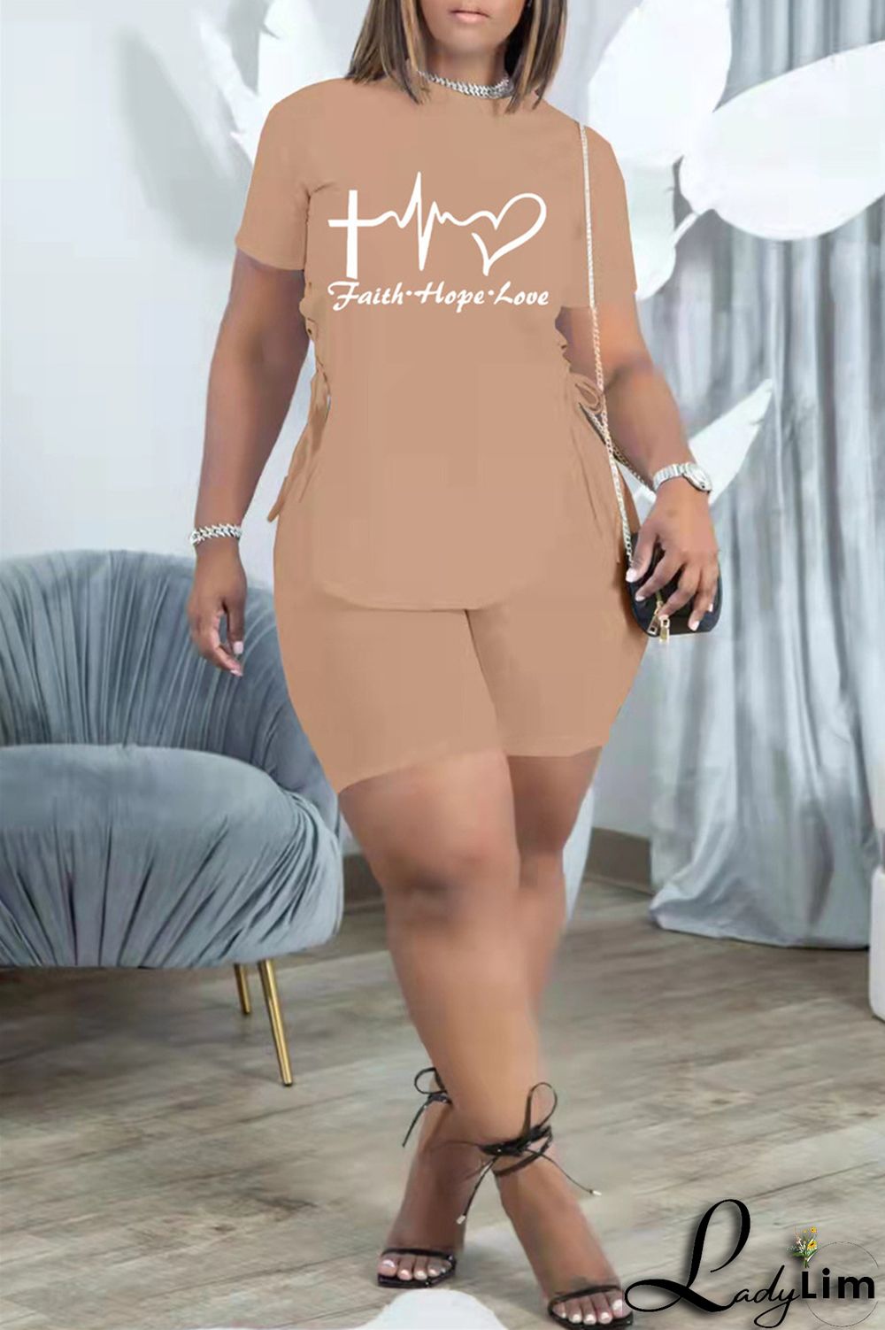 Khaki Fashion Casual Print Bandage Slit O Neck Short Sleeve Two Pieces