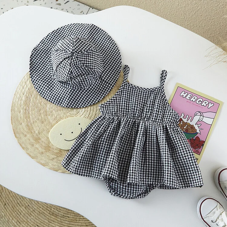 Baby Girl Sling Solid Color Splicing Gingham Casual Bodysuit Dress with Hat Set