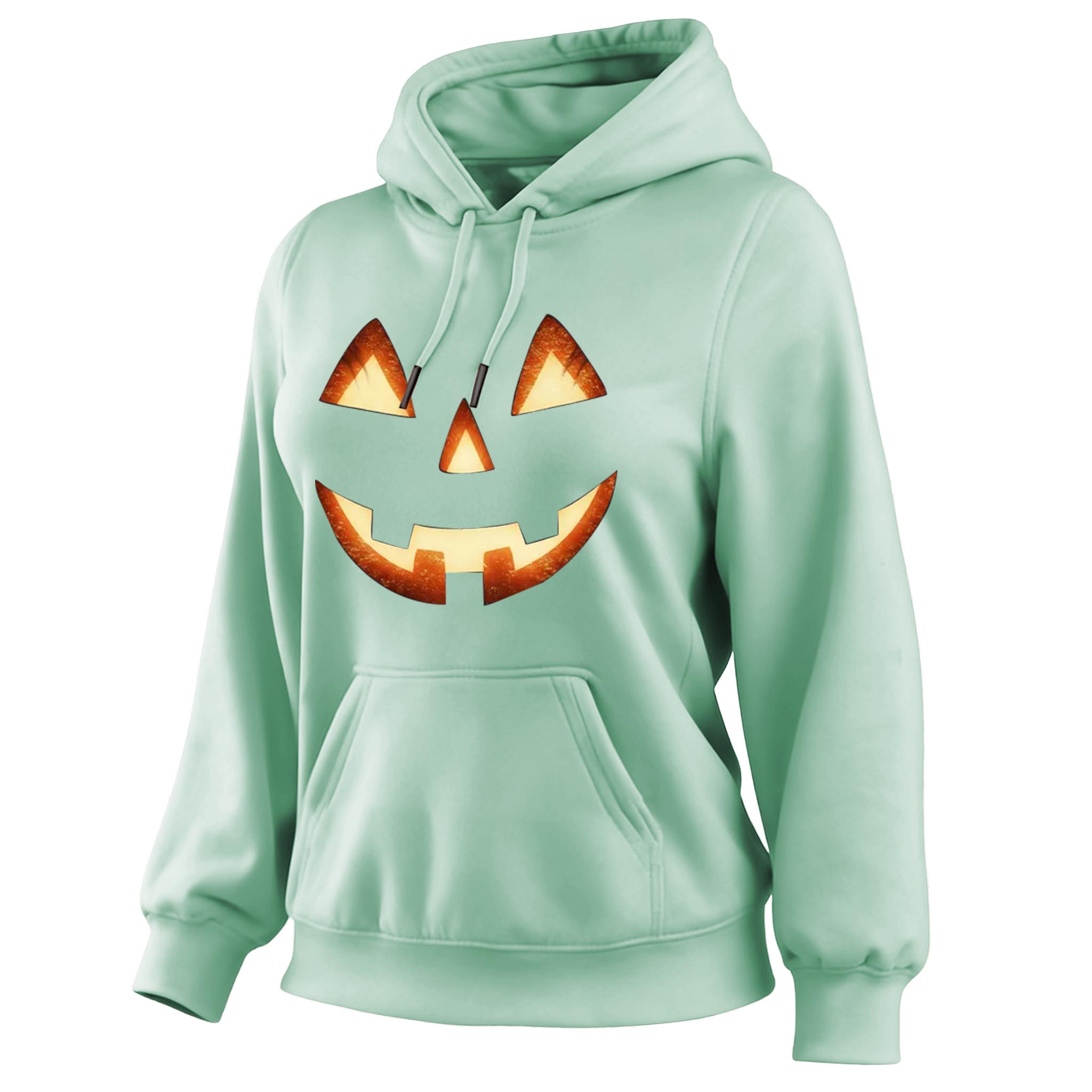 Women's Vintage Halloween Pumpkin Jack-O-Lantern Print Pocket Long-Sleeve Hoodie