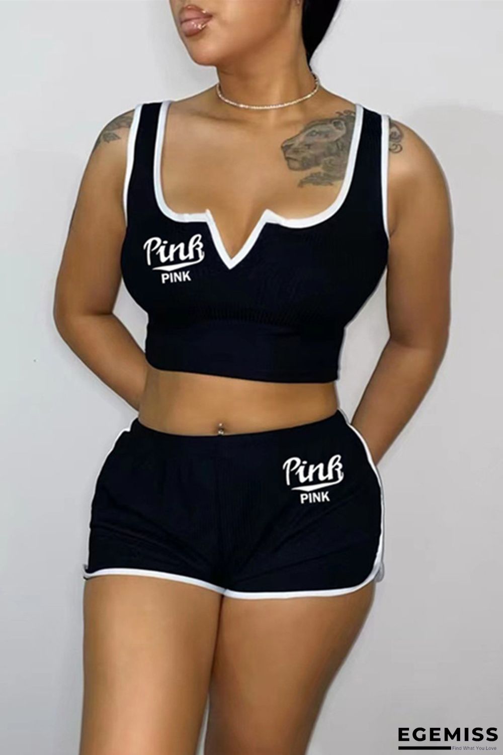 Black Fashion Casual Letter Print Basic V Neck Sleeveless Two Pieces | EGEMISS