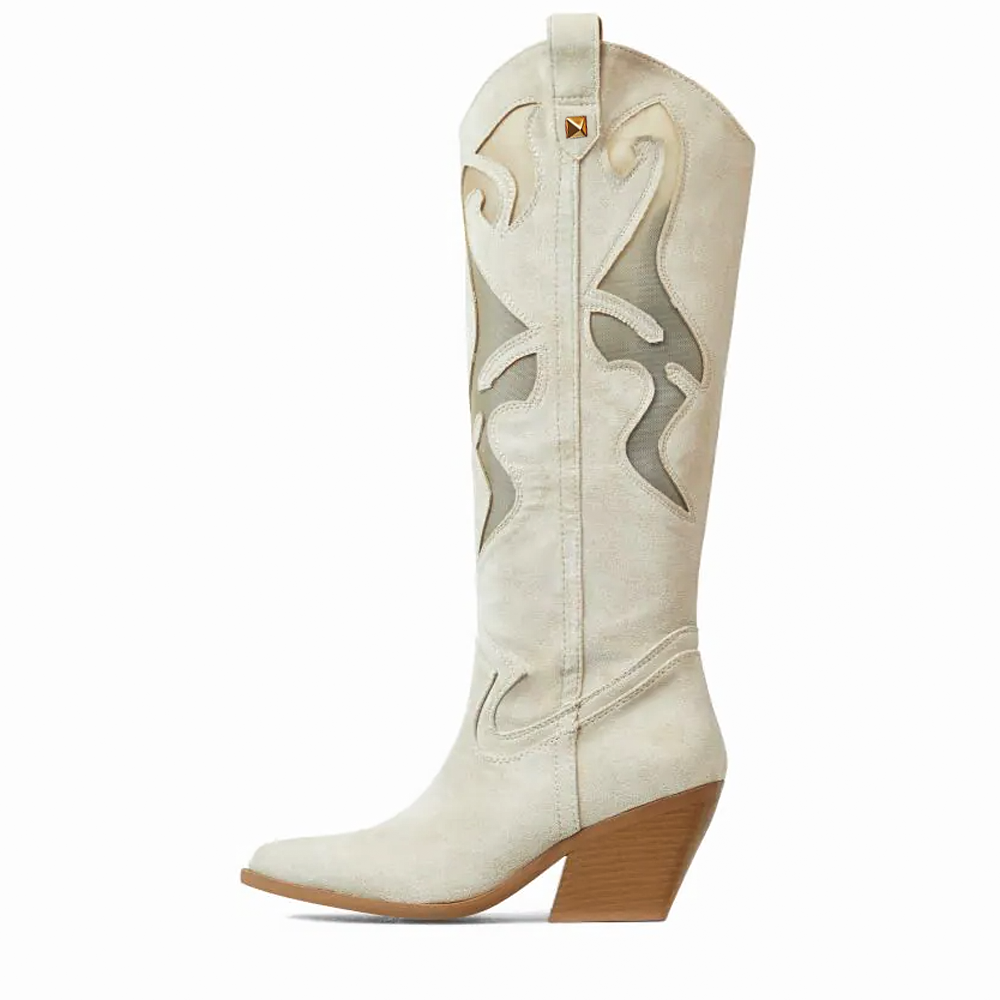 White Suede Pointed Toe Cowgirl Boots Bohemian Knee High Western Boots Nicepairs