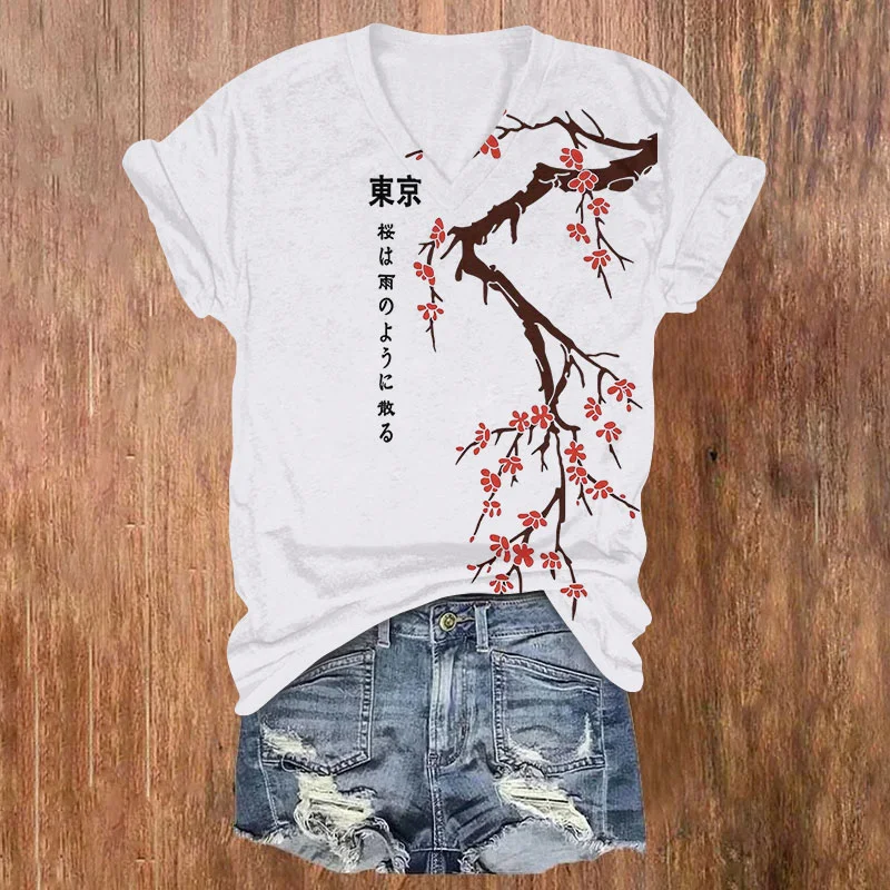 Tokyo Japanese Cherry Blossoms Print V-Neck T-Shirt