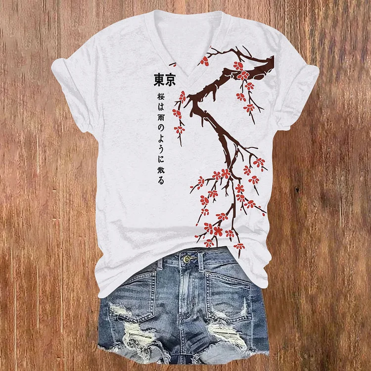 Comstylish Tokyo Japanese Cherry Blossoms Print V-Neck T-Shirt