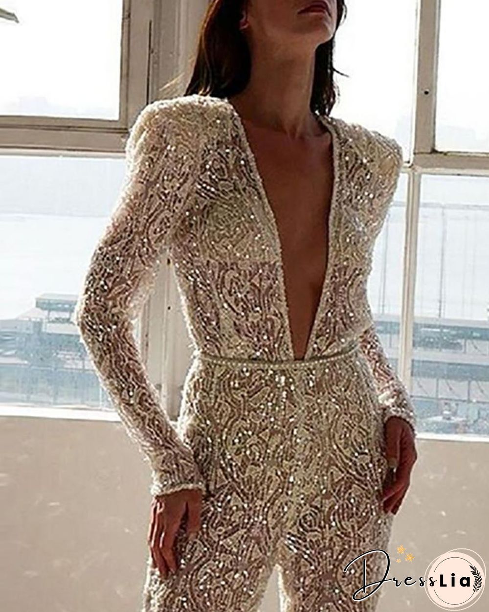 Plunge Long Sleeve Sequins Jumpsuit