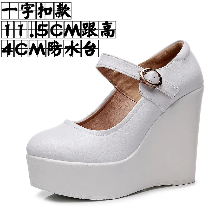 Breakj Breakj High-Slope Single-Shoe Round Cheongsam Shoes Shallow Walking Shoes Waterproof Table Thick-Soled Size 43 Magic Sticker Women's Shoes