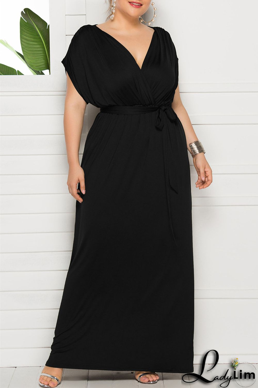 Burgundy Fashion Casual Plus Size Solid Split Joint V Neck Long Dress