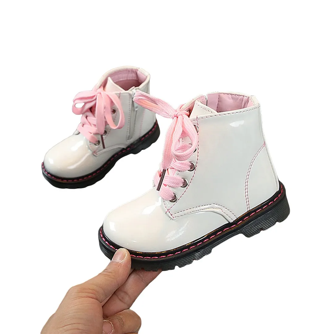 Toddler Girls Boys Martin Boots, Fashion Side Zipper Lace-Up PU Leather Non-Slip Ankle Boots